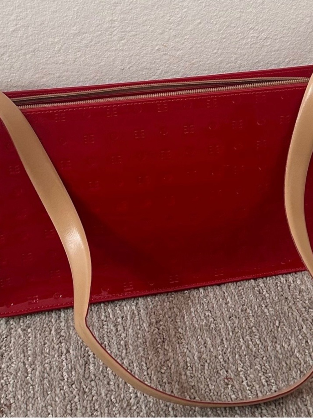 Red Patent Leather Tote with Tan Straps